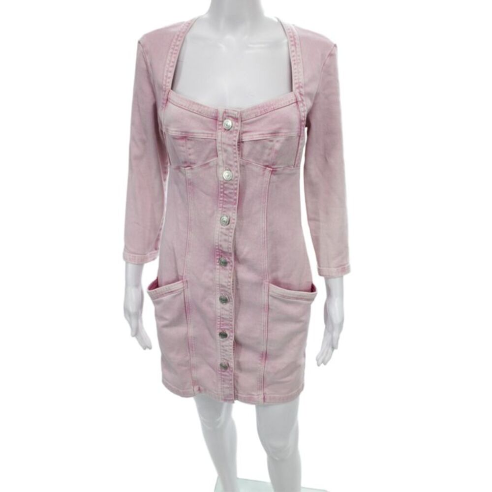 Isabel Marant Women Pink Mini Shirt Dress Square Neck 3/4 Sleeve Button Size 38